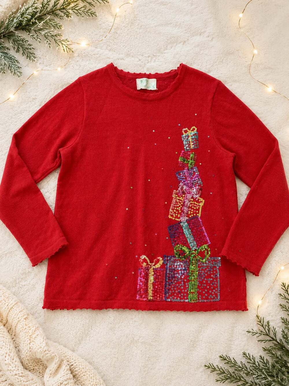 Quacker Factory Red Long Sleeve Christmas Sweater w/ Sequined Gifts L (p1)